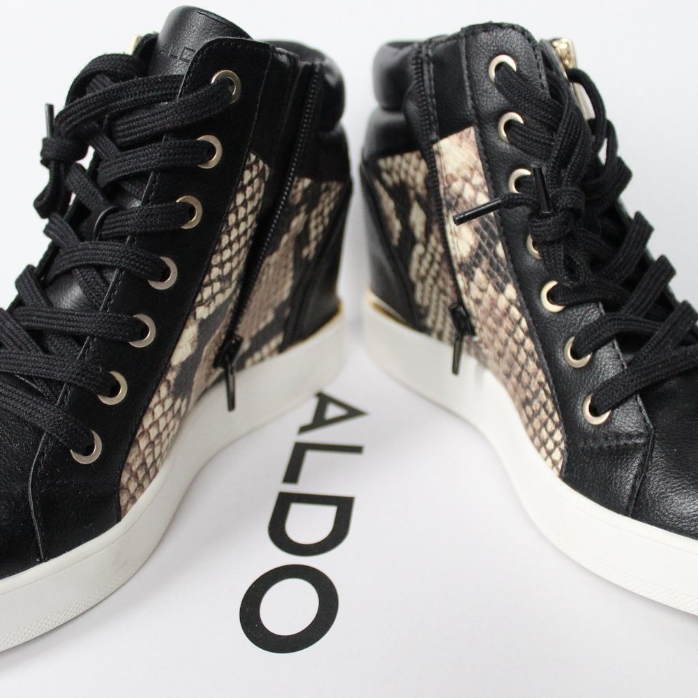 ALDO Ailanna Black, Gold, and Snakeskin Wedge Sneaker - U.S. Size 9